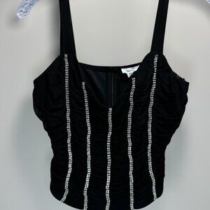 Beivy Black sheer draped Corset Crop Top with crystals Women’s Medium NWT